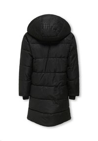 Black long puffer coat with hood, subtle textured pattern, and ribbed cuffs, displayed from the back on a white background.