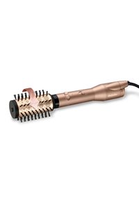 Brosse à air chaud rotative couleur or rose BaByliss avec des poils noirs et des boutons de contrôle sur le manche pour coiffure.
