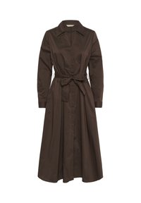 Brown cotton shirt dress with a collar, long sleeves, and a belted waist, featuring a button-down front and a flowing, ankle-length skirt.