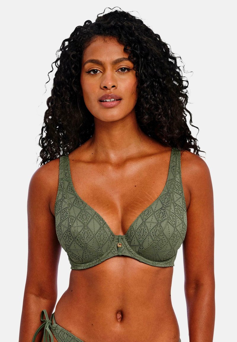 Groene textuur beha met een geometrisch patroon, draadondersteuning, brede bandjes en een kleine gouden accent in het midden.
