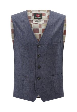 Ärmellose blaue Weste aus strukturiertem Stoff, mit einer Fünf-Knopf-Front, einer Brusttasche und einem geometrisch gemusterten Innenfutter.
