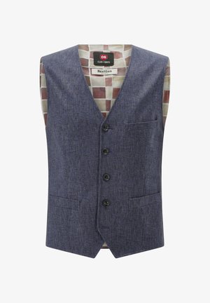 Ärmellose blaue Weste aus strukturiertem Stoff, mit einer Fünf-Knopf-Front, einer Brusttasche und einem geometrisch gemusterten Innenfutter.