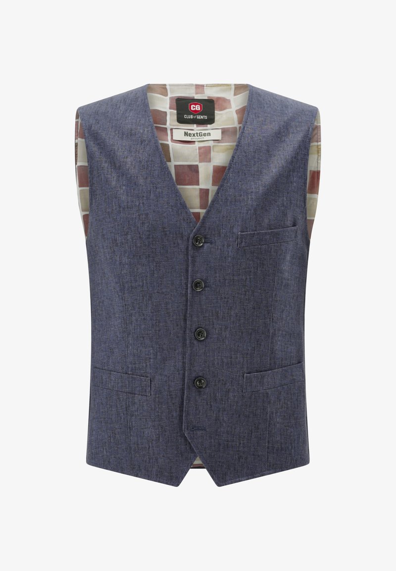 Ärmellose blaue Weste aus strukturiertem Stoff, mit einer Fünf-Knopf-Front, einer Brusttasche und einem geometrisch gemusterten Innenfutter.