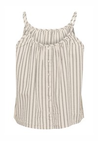Débardeur beige clair avec de fines rayures noires, bretelles spaghetti réglables, encolure froncée et fermeture à boutons à l'avant. Texture douce.
