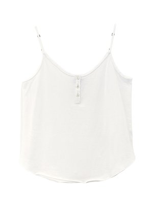 Top bianco senza maniche con sottili spalline regolabili e tre piccoli bottoni al centro dello scollo frontale.