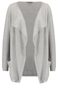 Cardigan gris clair ouvert sur le devant, en tricot texturé, manches longues, deux poches à l'avant et coupe décontractée.