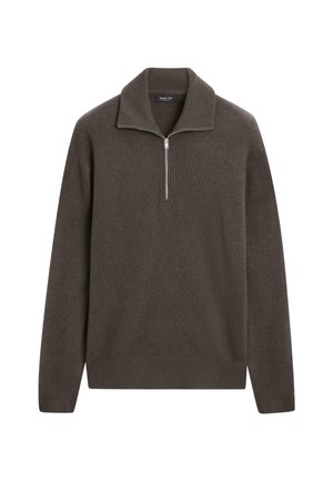 Dark brown knit sweater featuring a quarter-zip collar, textured fabric, and long sleeves with ribbed cuffs and hem.
