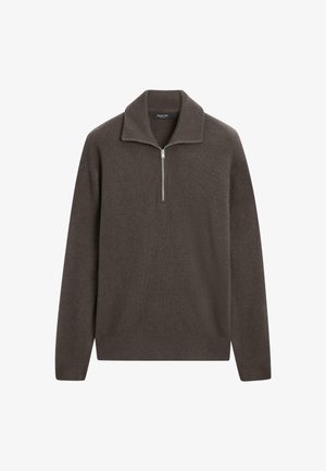 Donkerbruin gebreide trui met een kraag met een ritssluiting van een kwart, gestructureerde stof en lange mouwen met geribbelde boorden en zoom.