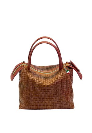 Brown woven leather handbag with dual handles, open zipper sides, and a small Italian flag tag attached to the zipper pull.