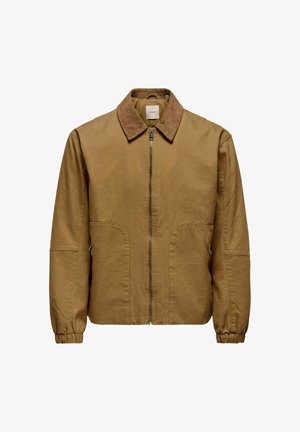 Bruine zip-up jas met corduroy kraag, elastische manchetten, voorzakken en een lus binnenin de kraag op een witte achtergrond.