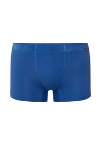 Modré bavlněné boxerky s přiléhavým střihem, bezšvými bočními částmi a pohodlným páskem. Na přední levé straně je minimální značka.