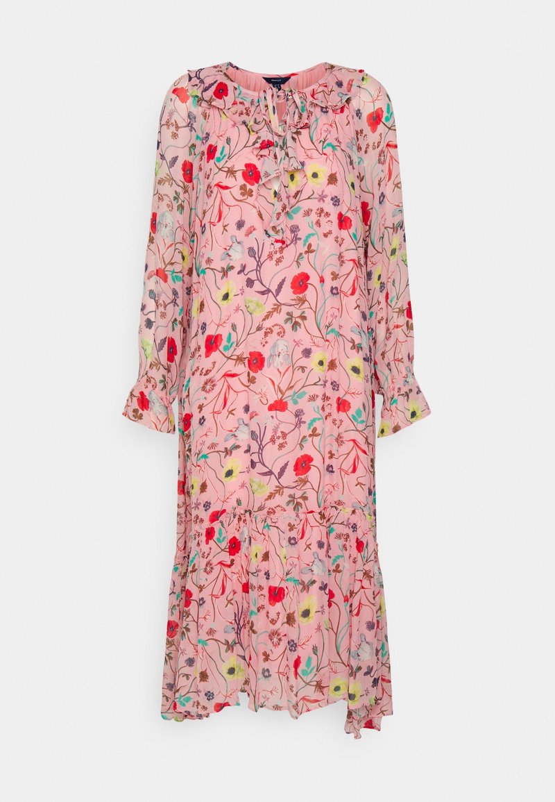 Robe midi rose à manches longues avec imprimé floral multicolore, encolure volantée avec lien et détail du bas froncé.