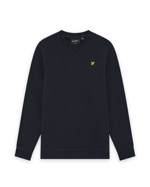 Felpa girocollo a maniche lunghe blu navy con piccolo logo ricamato di un uccello giallo sul lato sinistro del petto.