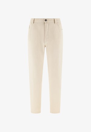 Jeans denim beige a gamba dritta con passanti per cintura, chiusura frontale con bottoni e tasche anteriori, mostrati su sfondo bianco.