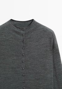 Charcoal gray cardigan made of soft knit material, featuring a high neckline and a row of six rounded buttons along the center front.