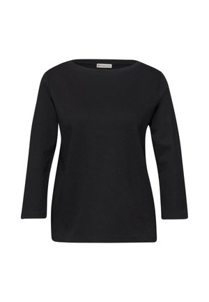 Schwarzes Langarmshirt mit rundem Ausschnitt, geradem Saum und figurbetontem Schnitt, präsentiert vor weißem Hintergrund.