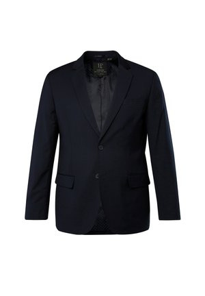 Blazer bleu marine en tissu lisse avec une coupe unie, des revers crantés, deux poches avant et une doublure à motifs.