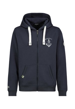 Marineblauer Kapuzenpullover mit Reißverschluss aus einer Baumwollmischung, mit weißen Kordeln, Anker-Logo, seitlichen Taschen sowie gerippten Bündchen am Ärmel- und Saumabschluss.