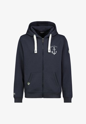 Marineblauer Kapuzenpullover mit Reißverschluss aus einer Baumwollmischung, mit weißen Kordeln, Anker-Logo, seitlichen Taschen sowie gerippten Bündchen am Ärmel- und Saumabschluss.