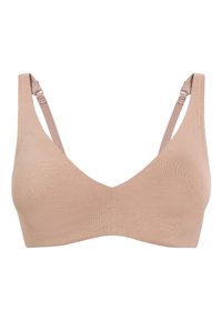 Beige drahtloser BH mit glatter Stoffoberfläche, breiten Schulterträgern und einem V-Ausschnitt. Verfügt über verstellbare Träger für eine optimale Passform.