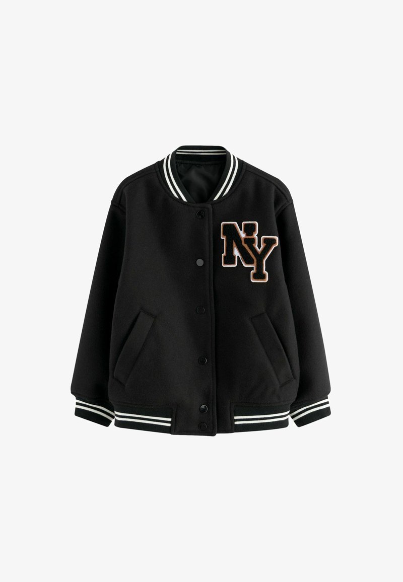Black varsity jacket with striped ribbed collar and cuffs, featuring an embroidered "NY" logo. Made of wool blend, includes side pockets.