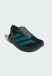 Black running shoe with teal stripes, gray accents, mesh upper, textured sole, and lightweight design for athletic use.