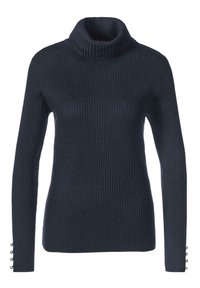 Marineblaue gerippte Rollkragensweiche aus einem weichen Stoff mit langen Ärmeln und Knopfakzenten an den Bündchen.