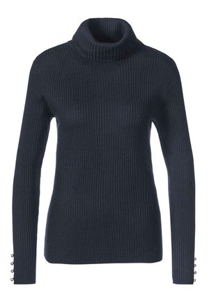 Marineblaue gerippte Rollkragensweiche aus einem weichen Stoff mit langen Ärmeln und Knopfakzenten an den Bündchen.