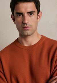 Sweter w kolorze rdzy, wykonany na wzór dzianiny, z okrągłym dekoltem, charakteryzujący się teksturowanym materiałem. Projekt jest prosty, bez widocznych wzorów czy akcentów.