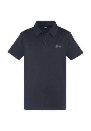 Polo náutico de color azul marino, fabricado con algodón texturizado, con una tapeta de tres botones, mangas cortas y un logotipo en el lado izquierdo del pecho.