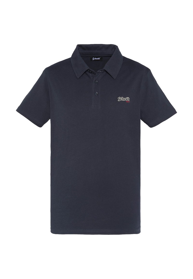 Polo náutico de color azul marino, fabricado con algodón texturizado, con una tapeta de tres botones, mangas cortas y un logotipo en el lado izquierdo del pecho.