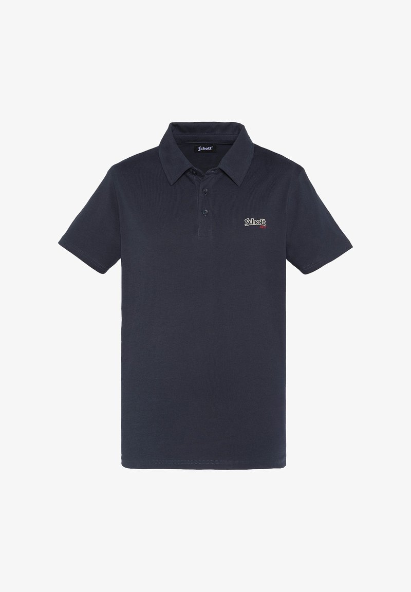 Polo náutico de color azul marino, fabricado con algodón texturizado, con una tapeta de tres botones, mangas cortas y un logotipo en el lado izquierdo del pecho.