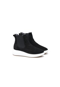 Black suede ankle boots featuring elastic side panels, white rubber soles, and a textured upper. Soft lining with pull tabs for easy wear.