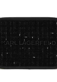 Black textile pouch featuring a grid pattern with white specks, embossed “KARL LAGERFELD” logo in black, and a smooth black synthetic trim.