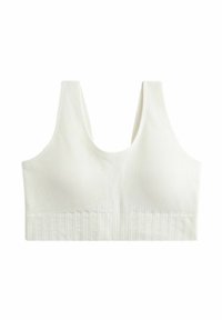 Bijela bralette s rebrastim uzorkom, širokim naramenicama i teksturiranim pojasom. Ima izrez u obliku čaše i prilagođeni dizajn za potporu i udobnost.