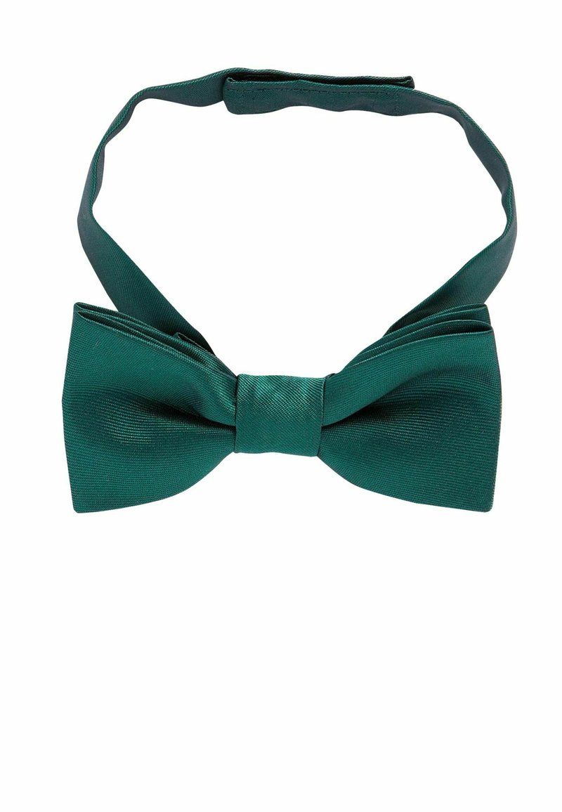 Pajarita de satén verde con una textura suave, que presenta un nudo central y una correa ajustable para su fijación. Diseño clásico, adecuado para ropa formal.