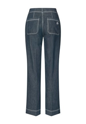 Tmavomodré džínsy s rovnými nohavicami, s dvoma zadnými vreckami a kontrastným bielym prešívaním na leme a švoch.