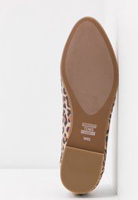 Vue de la semelle d'une chaussure femme à imprimé léopard avec semelle en caoutchouc texturée, marquée "TOMS" et taille "W6½" visible.