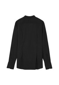 Schwarzes Langarmshirt aus glattem Stoff. Verfügt über einen Stehkragen, Knopfmanschetten und seitliche Schlitze für eine entspannte Passform.
