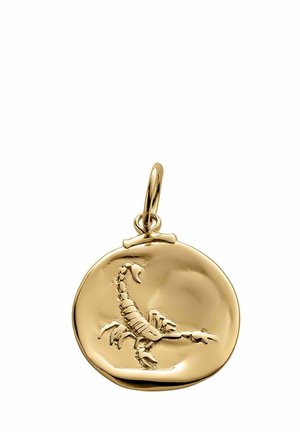 Colgante redondo de oro con un intrincado grabado de escorpión y un pequeño lazo para sujetarlo a una cadena o pulsera.