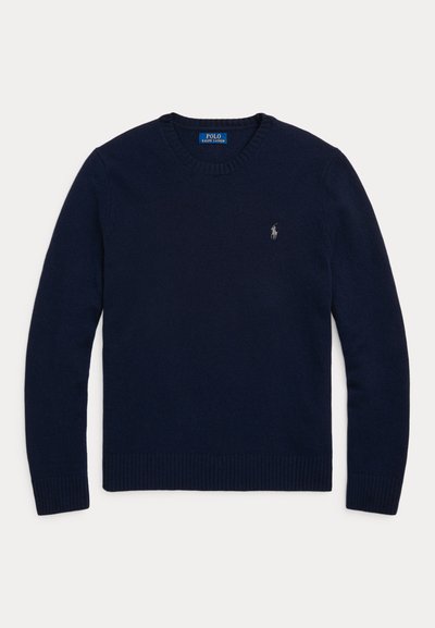 Maglione blu navy a maniche lunghe con scollo tondo, polsini e orlo a coste, con piccolo logo Polo Ralph Lauren ricamato sul petto.