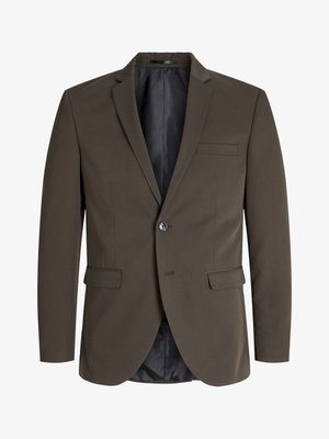 Tamno smeđi sako s jednim dugmetom, dva prednja džepa i reverom u obliku slova notch. Unutrašnjost je obložena crnom tkaninom radi kontrasta.