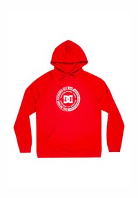 Red hooded sweatshirt made of soft fabric. Features a front pocket and a circular white logo design. Ribbed cuffs and hem.