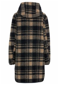 Oversized geruite jas in marineblauw en tan, gemaakt van zachte, gestructureerde stof, met een capuchon en lange mouwen.