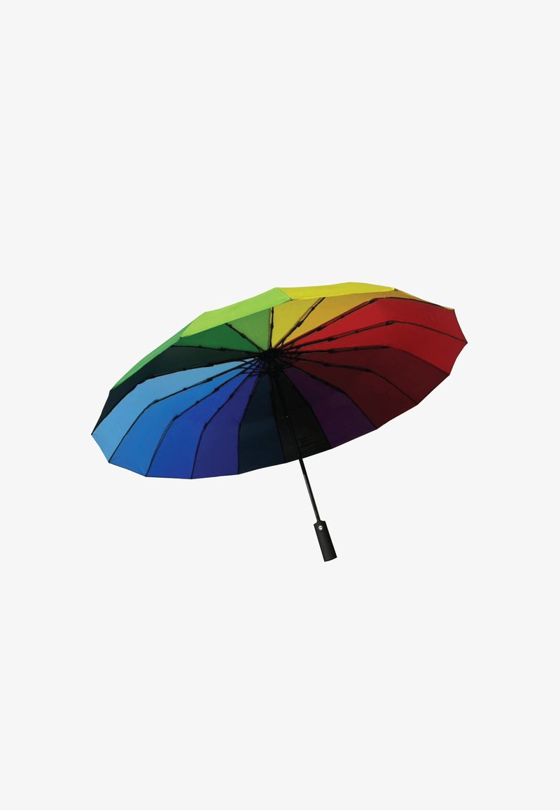 Wielokolorowy parasol z ośmioma panelami w żywych kolorach tęczy, czarną rączką i solidną metalową ramą. Lekki, o gładkiej fakturze.