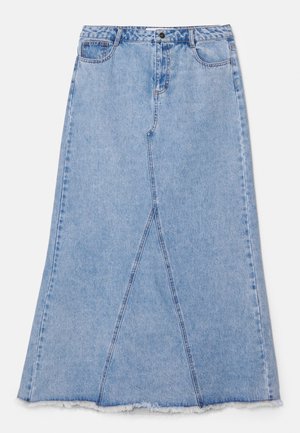 Helleblaue Jeansrock mit ausgestelltem Design, featuring einen rohen Saum und ein dreieckiges Nahtdetail an der Vorderseite. Fünf-Taschen-Stil.