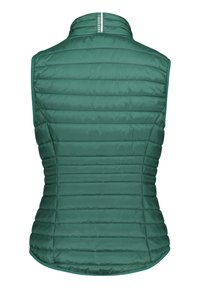 Grön vadderad väst med horisontell kviltad sömnad, hög krage och regular fit. Slät textur med en subtil lyster.