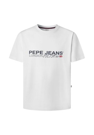 Weißes Baumwoll-T-Shirt mit kurzen Ärmeln, bedruckt mit "PEPE JEANS LONDON" in Dunkelblau, und zusätzlich "PJL73Club" sowie einem Akzent der UK-Flagge.