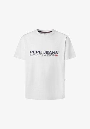 Weißes Baumwoll-T-Shirt mit kurzen Ärmeln, bedruckt mit "PEPE JEANS LONDON" in Dunkelblau, und zusätzlich "PJL73Club" sowie einem Akzent der UK-Flagge.