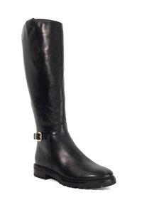 Knee-high black leather boot with a smooth texture, gold-tone buckle accent, and rugged sole for traction.
